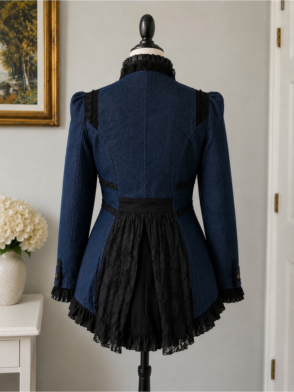 Victorian-Inspired Navy Military Tailcoat Jacket with Black lace Size Large - Picture 2 of 16
